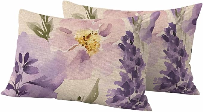Spring Flowers Outdoor Waterproof Throw Pillow Covers Set of 2, 20"x12", Lavender Leaf Purple Floral Vintage Decorative Pillow Covers Outside Cushion Case for Patio Porch Garden