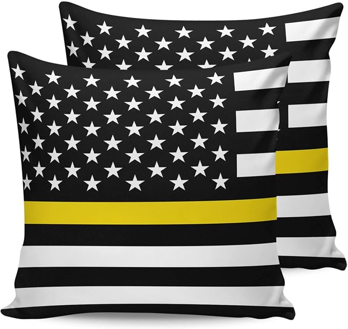 Outdoor Waterproof Pillow Covers Set of 2, Thin Yellow Line Gold Emergency Dispatchers Truck Flag Patio Throw Pillow Covers, Decorative Cushion Case for Couch Sofa Furniture Garden, 16x16 Inch