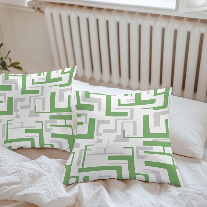 Vandarllin Outdoor Throw Pillows Covers 18x18 inch Set of 2 Waterproof Green Geometric Stripes Decorative Zippered Cushion Covers for Patio Furniture, Modern Abstract Lines Lumbar Pillowcases