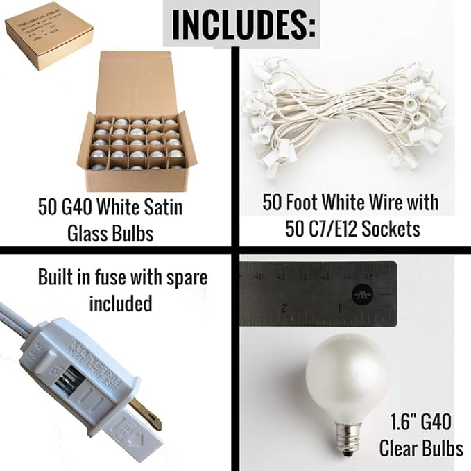 50 Foot G40 White Pearl Wedding String Lights with White Wire | G40 1.6 Inch 5-watt Globe Bulbs - Great for Parties, Patios, Backyards, Tents and more