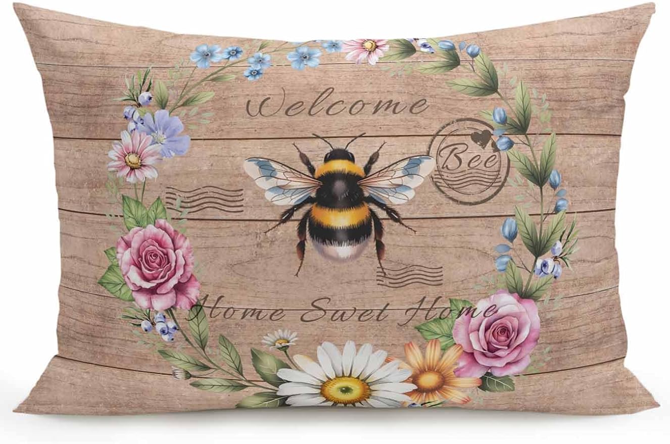 Outdoor Waterproof Throw Pillows Farmhouse Bee Flower Wreath Patio Pillows,Decorative Pillow Covers with Insert,Pillow Cushion Case for Garden Couch Sofa Farm Retro Wood Board