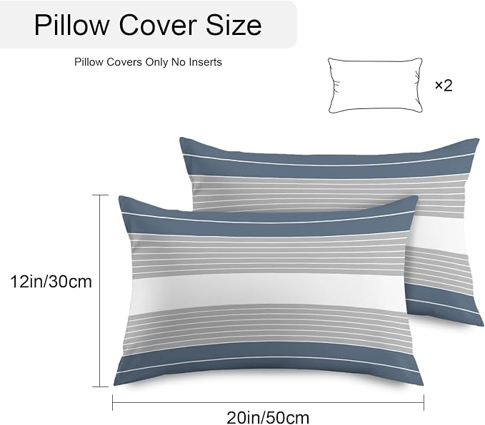 Haze Blue Grey Stripe Outdoor Pillow Covers Waterproof, All Weather Cushion Case Set of 2, Modern Art Horizontal Striped Lumbar Pillowcase for Sofa Couch Bed Decor Patio Furniture 20"x12"
