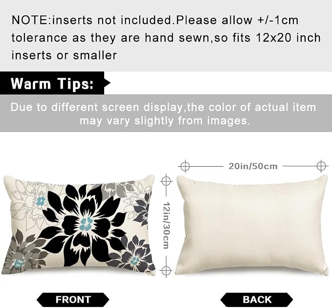 Waterproof Black and Gray Dahlia Floral Outdoor Pillow Covers 12x20 Inch, Decorative Spring Summer Cushion Cases for Living Room Sofa Patio Garden Porch