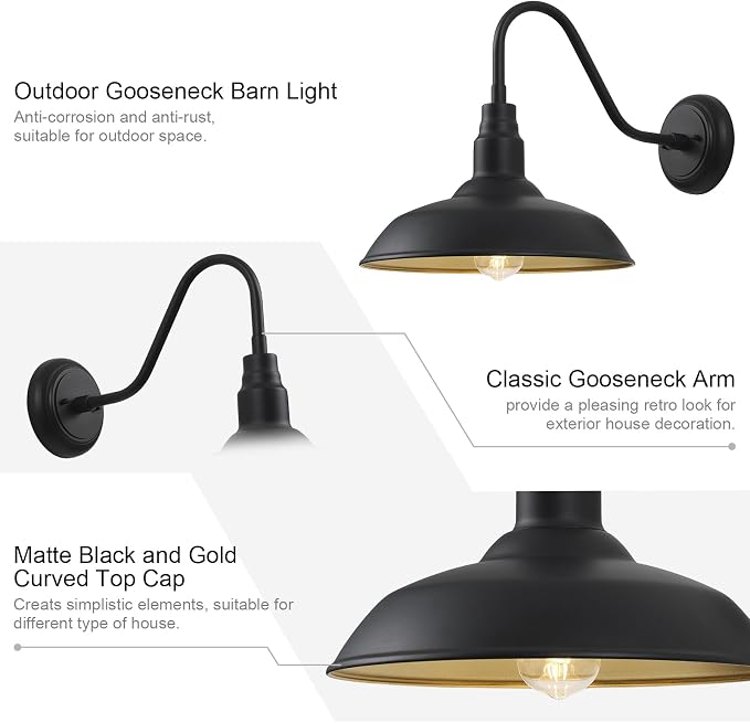 14in Dome Large Outdoor Barn Lights, Black Exterior with Gold Interior Gooseneck Light Fixture, Outside Wall Mount Industrial Sconce for Porch Farmhouse Garage Front Door Patio Entryway