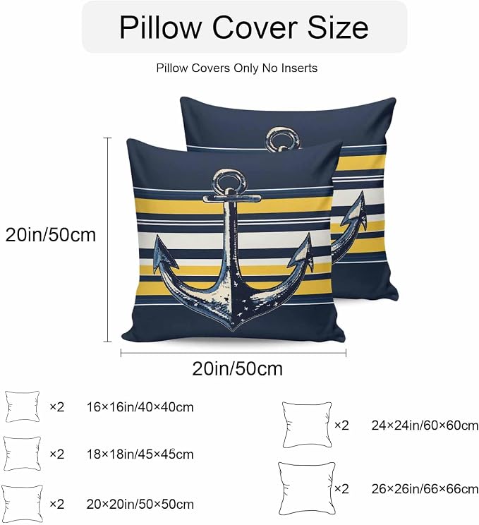 Vintage Anchor Outdoor Waterproof Pillow Covers Set of 2, Yellow Blue Striped Pillowcase Decorative Throw Cushion Cases for Patio Garden Couch 26 x 26 Inches