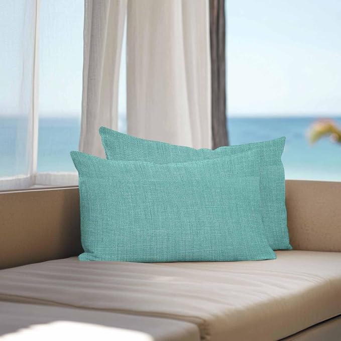 Vandarllin Outdoor Throw Pillows Covers 20x12 inch Set of 2 Waterproof Turquoise Linen Decorative Zippered Cushion Covers for Patio Furniture, Farmhouse Pure Color Lumbar Pillowcases