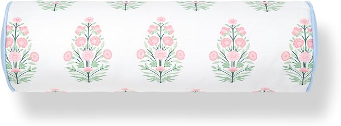Hofdeco Premium Coastal Grandmillennial Patio Indoor Outdoor Bolster Pillow Cover Only, 6"x20" Water Repellent for Backyard, Couch, Poolside, Pink Green Print Flower
