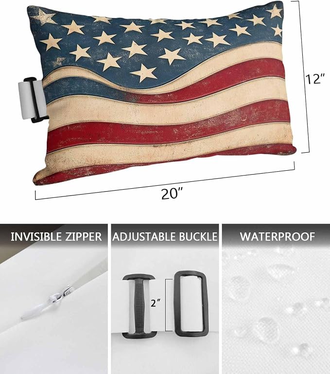 Pack of 2 Outdoor Lumbar Pillow Covers 12x20 Inch, Vintage American Flag Waterproof Throw Pillow Covers Set, Blue Red White Star US Flag Indoor&Outdoor Decorative Cushion Cases for Patio Porch Beach