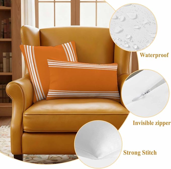 Outdoor Pillow Covers 18x18 Set of 2 Fall Orange Stripes Outdoor Pillows Waterproof Throw Pillow Covers French Stripe Farmhouse Style Pillowcases Decorative Case for Patio Cushion