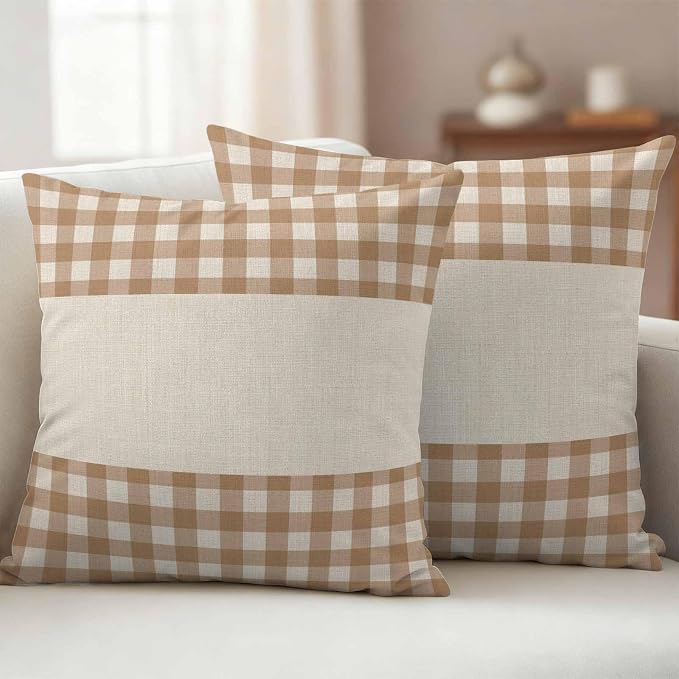 Retro Brown Outdoor Waterproof Pillow Covers, Farmhouse Buffalo Plaid Vintage Beige Decorative Square Throw Pillowcase Sofa Cushion Sham for Patio/Couch/Chair, 26"x26" 2 Pack