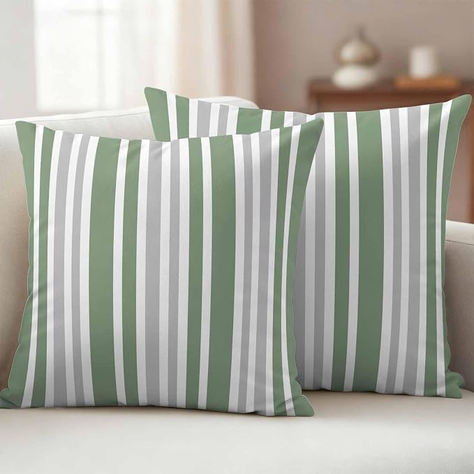 Sage Green Grey Stripe Outdoor Pillow Covers 16x16 Inch Throw Pillow Covers Set of 2 Waterproof Decorative Pillow Cases Farmhouse Minimalist Striped Cushion Covers for Patio Furniture Garden Couch