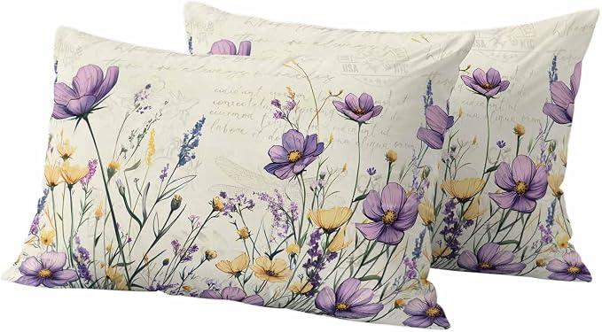 Spring Floral Outdoor Waterproof Throw Pillow Covers Set of 2, 20"x12", Purple Yellow Flower Leaves Retro Letter Texture Decorative Pillow Covers Outside Cushion Case for Patio Porch Garden