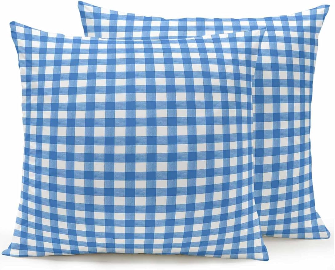 Outdoor Waterproof Throw Pillows Light Blue Gingham Check Patio Pillows Pack of 2,Decorative Pillow Covers with Insert,Pillow Cushion Case for Garden Couch Sofa Country Classic Plaid