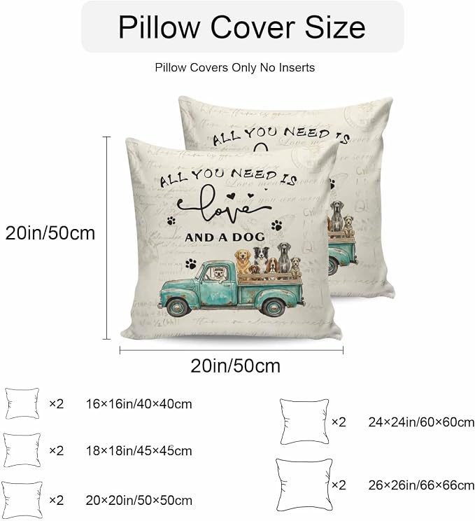 Cartoon Animal Outdoor Pillow Covers Set of 2, Vintage Teal Truck with Pet Dog Puppy Decorative Waterproof Throw Pillowcase Retro Beige Cotton Linen Soft Cozy Cushion Cover Pillowsham 20x20In