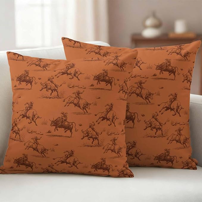 Western Cowboys Outdoor Pillow Covers Waterproof, All Weather Cushion Case Set of 2, Orange Vintage Country Nature Scenery Decorative Pillowcases for Sofa Couch Bed Decor Patio Furniture 20"x20"
