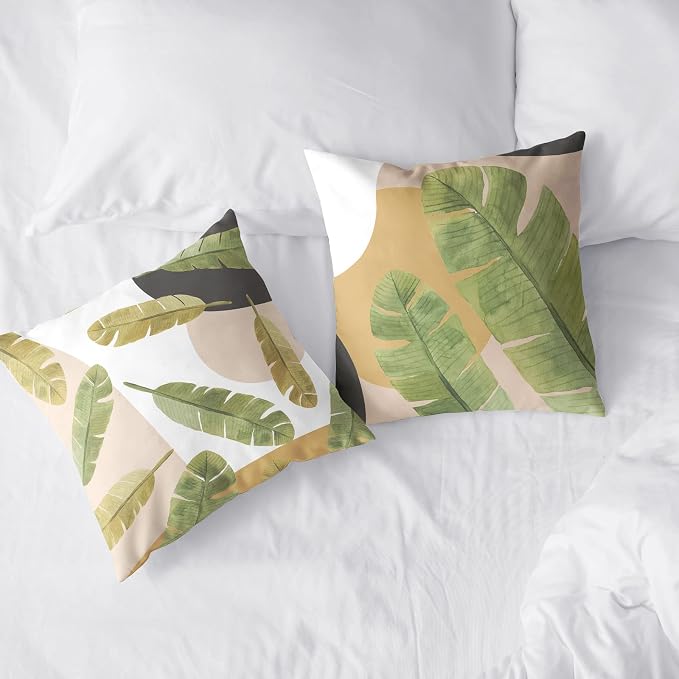 Set of 2 Summer Green Palm Tree Leaves Pillow Covers Tropical Plant Pillowcases Brown and White Black Throw Pillow Covers Cotton Blend 20x20 Game Room Decor for Sofa Bed Couch