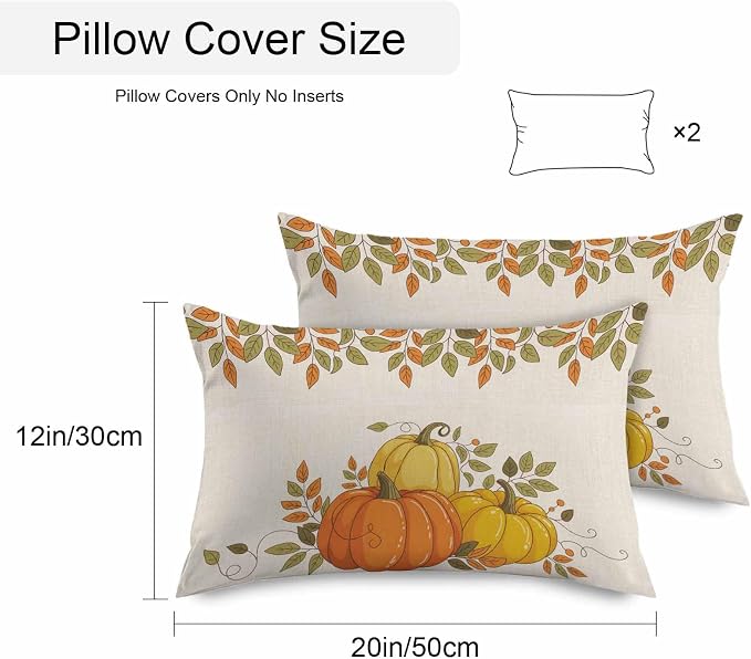 Orange Pumpkins Outdoor Waterproof Pillow Covers, Fall Yellow Leaves Vintage Beige Rustic Decorative Rectangle Throw Pillowcase Sofa Cushion Sham for Patio/Couch/Chair, 20"x12" 2 Pack