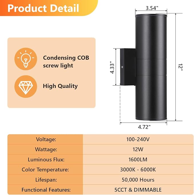 DAKAFUL 5CCT Dimmable Wall Lights Outdoor 2 Packs, 3000K 5000K 6000K Integrated LED Cylinder Up Down Modern Aluminum Light, Waterproof Exterior Light for Porch Patio Door