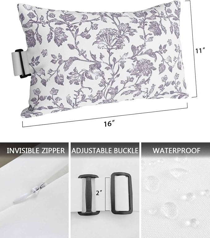 Pack of 4 Outdoor Lumbar Pillow Covers 11x16 Inch, Grey-Purple Flower Waterproof Throw Pillow Covers Set, Vintage Farmhouse Boho Leaf Spring Indoor&Outdoor Cushion Cases for Patio Porch Beach