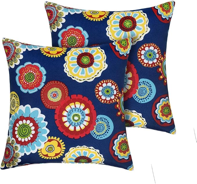 Magpie Fabrcis Pack of 2 Outdoor Waterproof Throw Pillow with Insert 18 x 18 Inch, Christmas Decorative Back Cushion Pad for Garden Patio Tent Balcony Couch Sofa(Floral Navy)