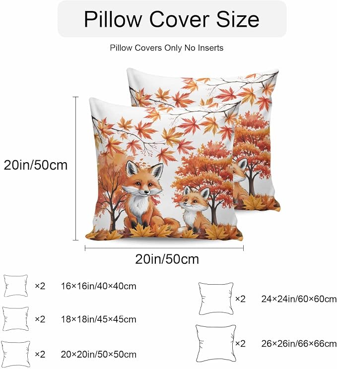 Orange Fox Outdoor Waterproof Pillow Covers, Thanksgiving Maple Leaves Autumn Trees Decorative Square Throw Pillowcase Sofa Cushion Sham for Patio/Couch/Chair, 26"x26" 2 Pack