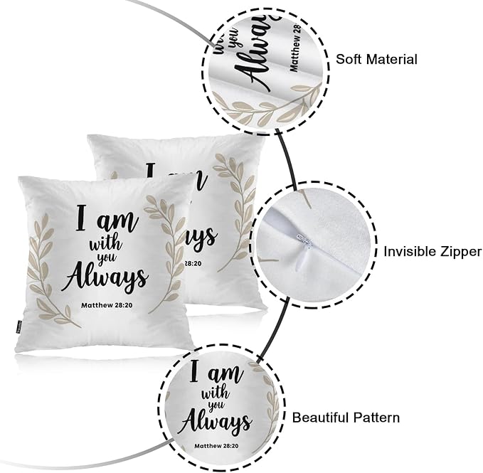 Swono Bible Quote Pillow Covers, Lettering I Am with You Always Decorative Pillow Case Home Sofa Cushion Set Bible Proverb Pillow Cushion Cases for Bed/Patio/Garden/Balcony, 2-Pack 18x18 Inch