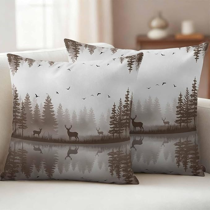 Yukro Brown Nature Landscape Outdoor Waterproof Pillow Covers Pack of 2, Deer Misty Lake Foggy Forest Birds Throw Pillowcases Decorative Cushion Covers for Garden Patio Tent Sofa Couch, 26x26 inch