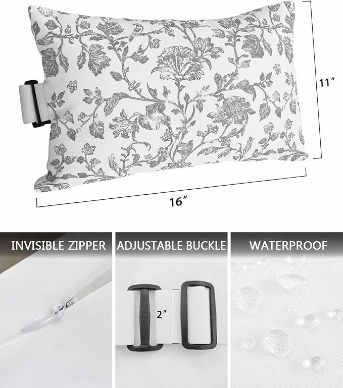 Pack of 2 Outdoor Lumbar Pillow Covers 11x16 Inch, Grey Flower Waterproof Throw Pillow Covers Set, Vintage Farmhouse Boho Leaf Spring Plant Indoor&Outdoor Cushion Cases for Patio Porch Beach