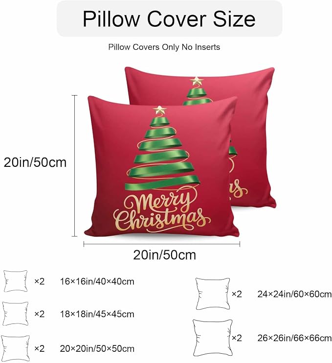 Red Christmas Tree Outdoor Pillow Covers 24 x 24 Inches, Green Xmas Tree with Star Waterproof Throw Pillow Cover Set of 2, Christmas Red Decorative Square Cushion Covers for Patio/Couch/Garden