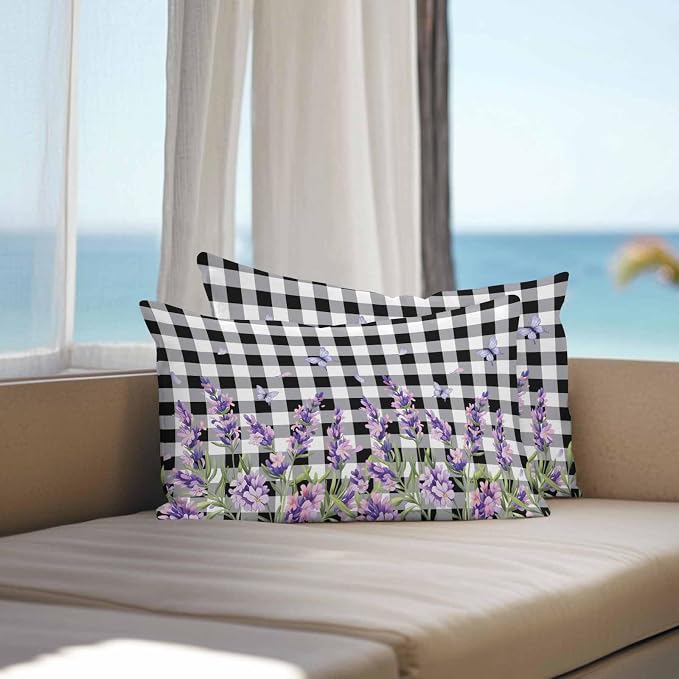 Vandarllin Outdoor Throw Pillows Covers 20x12 inch Set of 2 Waterproof Purple Lavender Flower Decorative Zippered Cushion Covers for Patio Furniture, Butterfly Black Buffalo Plaid Lumbar Pillowcases