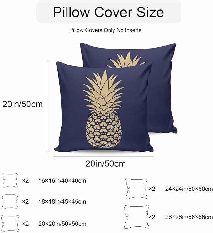 Yellow Pineapple Outdoor Waterproof Pillow Covers, Summer Fruits Navy Blue Decorative Square Throw Pillowcase Sofa Cushion Sham for Patio/Couch/Chair, 16"x16" 2 Pack
