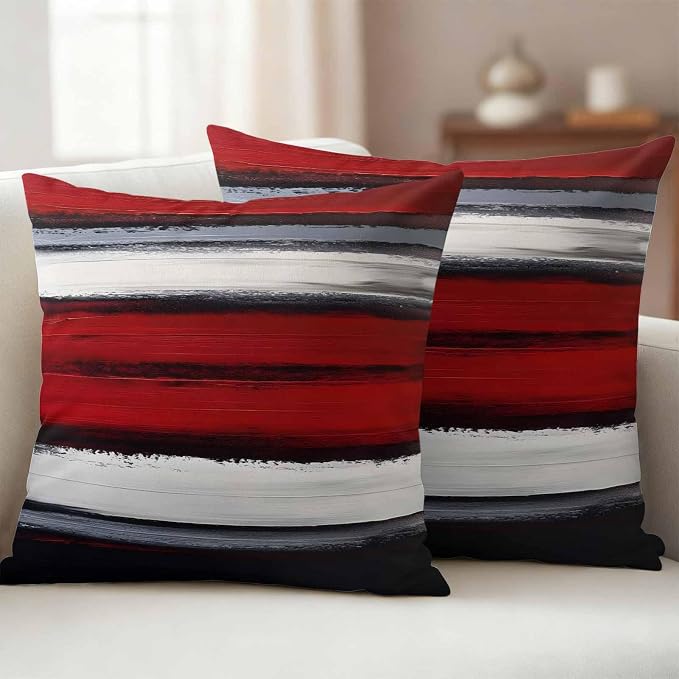 Red and Black Strip Outdoor Pillow Covers 24"x24" Set of 2, Classic Modern Art Waterproof Throw Pillow Covers for Patio Furniture, Decorative Cushion Covers for Porch