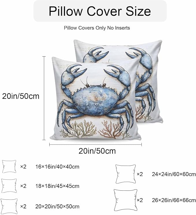 Blue Crab Coastal Outdoor Waterproof Pillow Covers, Nautical Summer Coral Ocean Beach Decorative Square Throw Pillowcase Sofa Cushion Sham for Patio/Couch/Chair, 20"x20" 2 Pack