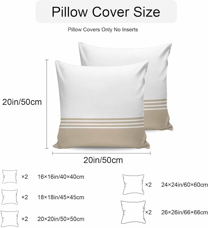 Throw Pillow Covers 24x24 Inch Set of 2, Beige White Striped Waterproof Outdoor Cushion Covers, Modern Abstract Art Aesthetics Decorative Pillowcases for Couch, Sofa, Bed, Garden, Patio