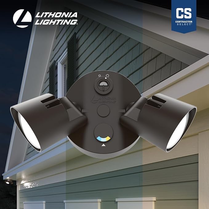 Lithonia Lighting HomeGuard 2-Light LED Outdoor Flood Lights, 3-In-1 CCT | Dark Bronze Dusk to Dawn Outdoor LED Lights, Adjustable Lumens Selectable CCT Round Heads HGX LED 2RH ALO SWW2 120 PE DDB