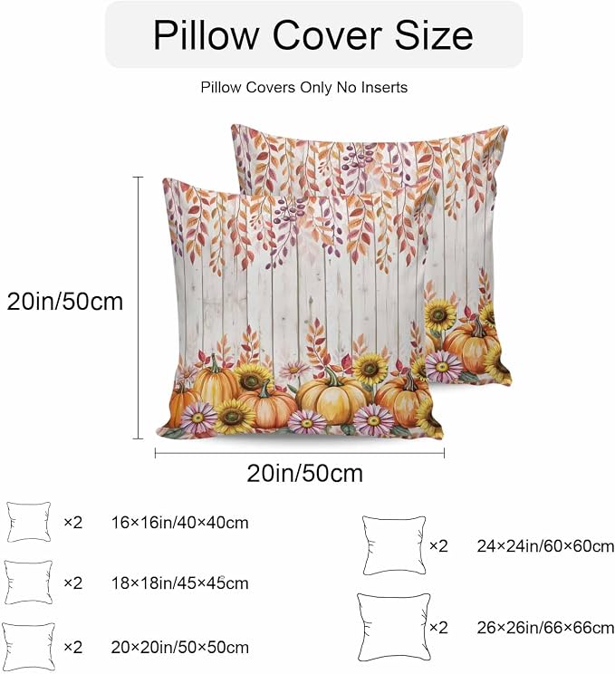 Orange Pumpkins Outdoor Waterproof Pillow Covers, Eucalyptus Leaves Sunflowers Wood Grain Decorative Square Throw Pillowcase Sofa Cushion Sham for Patio/Couch/Chair, 26"x26" 2 Pack