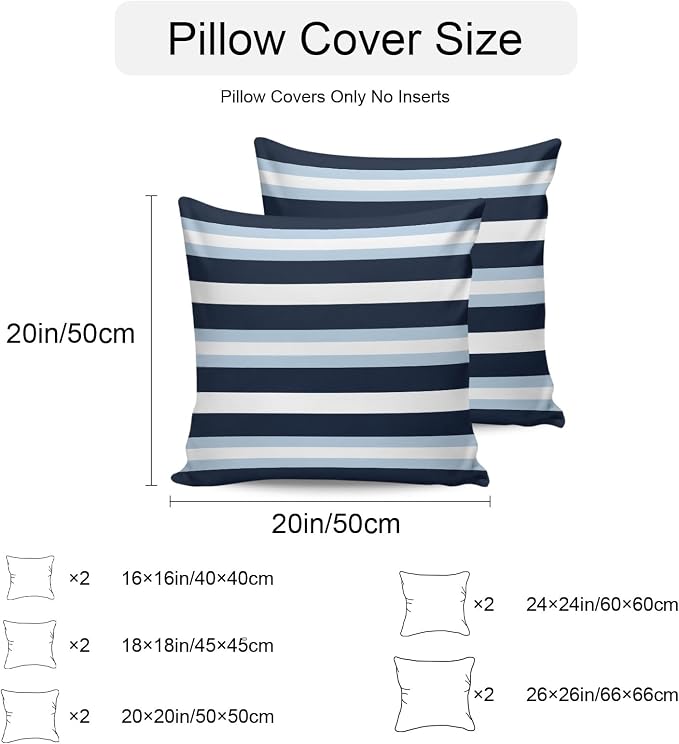 Blue Navy Striped Outdoor Pillow Covers Waterproof, All Weather Cushion Case Set of 2, Modern Ombre Abstract Lines Pattern Decorative Pillowcases for Sofa Couch Bed Decor Patio Furniture 16"x16"