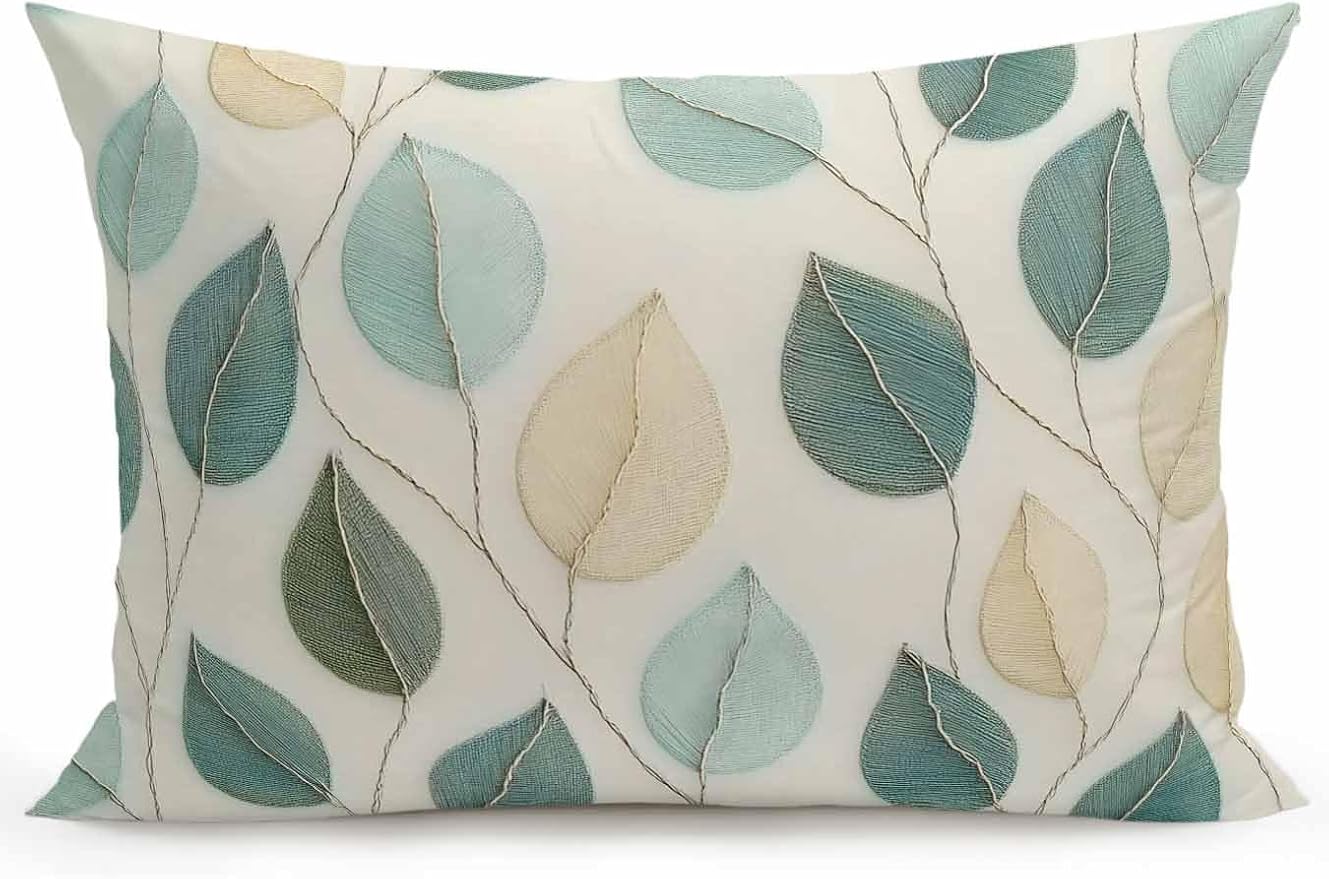 Outdoor Waterproof Throw Pillows Farmhouse Teal Green Leaf Patio Pillows,Decorative Pillow Covers with Insert,Pillow Cushion Case for Garden Couch Sofa Vintage Watercolor Leaves