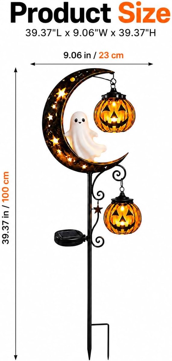 Solar Halloween White Ghost & Pumpkin Moon Garden Stake Light, Outdoor Waterproof LED Yard Decoration with Crescent Moon, Hanging Jack-o'-Lantern Lantern for Garden, Patio, Walkway, Porch(Style D)