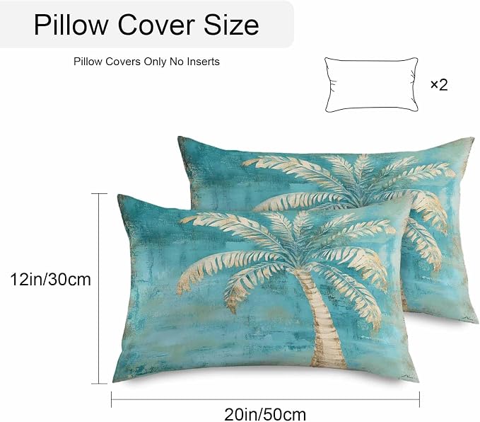 Coastal Beach Tree Green Outdoor Waterproof Pillow Covers, Vintage Tropical Flower Plant Decorative Rectangle Throw Pillowcase Sofa Cushion Sham for Patio/Couch/Chair, 20"x12" 2 Pack