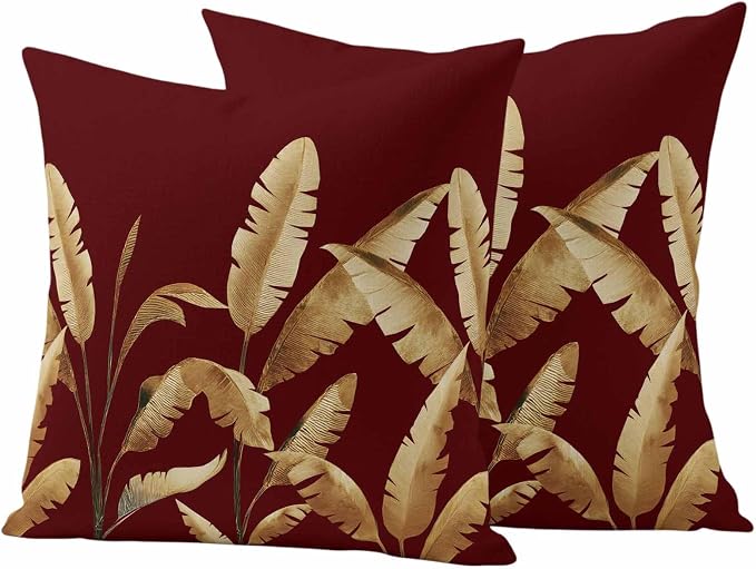 Waterproof Throw Pillow Covers 18x18 Set of 2, Golden Tropical Leaves on Burgundy Red Outdoor Pillowcases with Invisible Zipper, Abstract Foliage Leaf Decorative Cushion Covers for Patio Garden Sofa