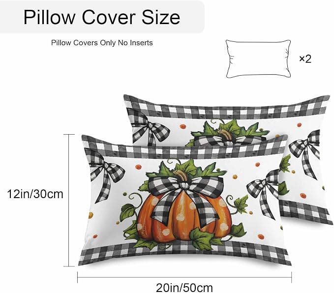 Orange Pumpkins Outdoor Waterproof Pillow Covers, Polka Dot Bow Fall Maple Leaves Plaid Decorative Rectangle Throw Pillowcase Sofa Cushion Sham for Patio/Couch/Chair, 20"x12" 2 Pack