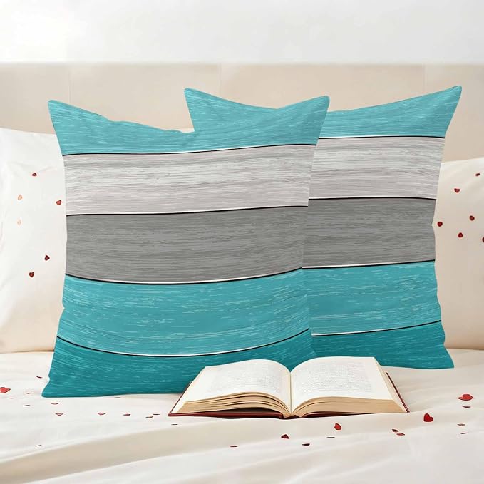 Outdoor Throw Pillow Covers 18X18 Set of 2 Waterproof Ombre Aqua Blue Gray Decorative Zippered Cushion Covers for Patio Furniture, Farmhouse Retro Rustic Barn Wood Texture Lumbar Pillowcases