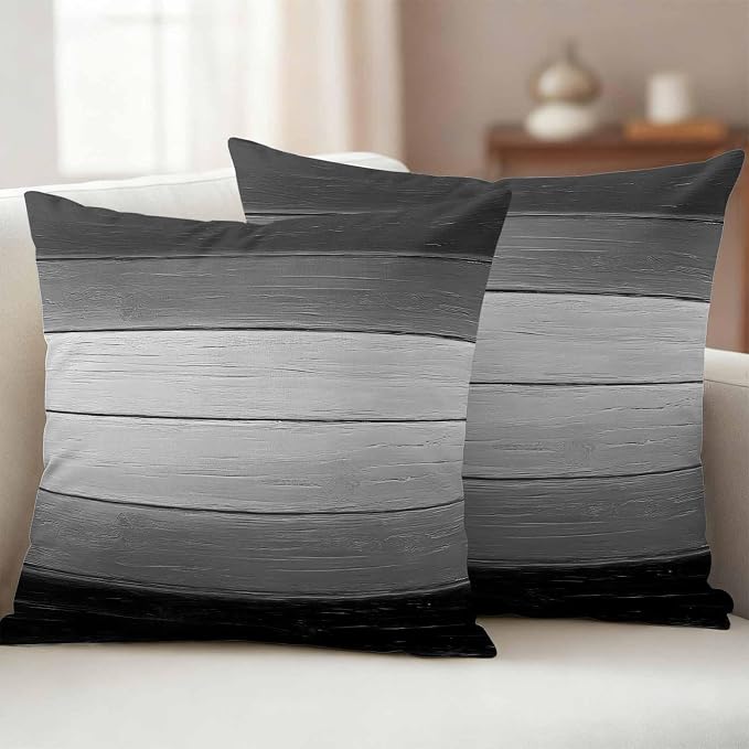 Black Gray Outdoor Pillow Covers 16x16 Inch Throw Pillow Covers Set of 2 Waterproof Decorative Pillow Cases Farmhouse Vintage Gradient Wooden Plank Cushion Covers for Patio Furniture Garden Couch Sofa