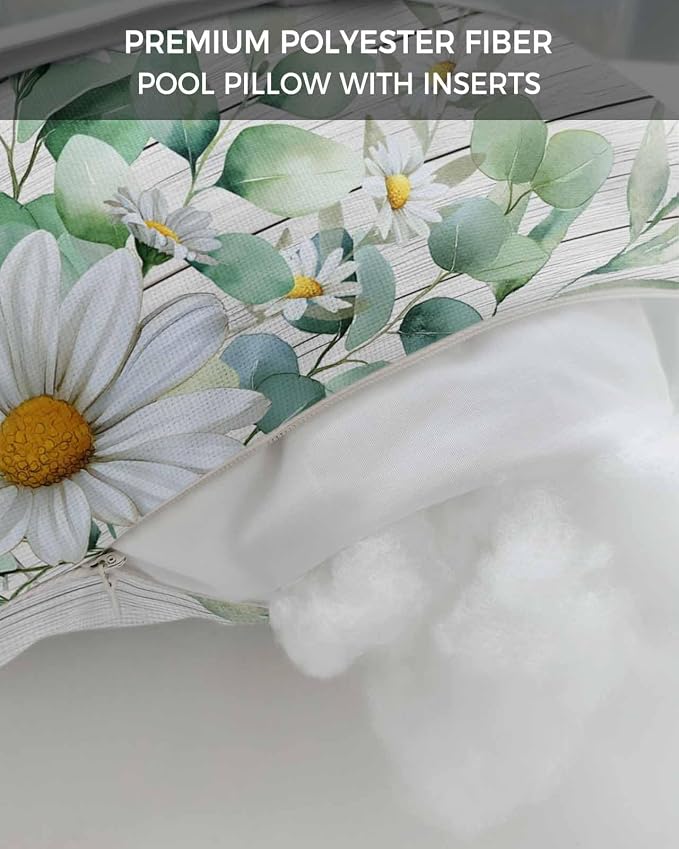 Daisy Eucalyptus Leaves Outdoor Pillows with Insert 11x16 Inch Floral Spring White Wood Grain Waterproof Headrest Pillows with Adjustable Strap Lounger Chair Throw for Patio Furnitures, 1 Pack