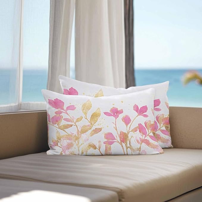 Vandarllin Outdoor Throw Pillows Covers 20x12 inch Set of 2 Waterproof Pink Yellow Flowers Decorative Zippered Cushion Covers for Patio Furniture, Wildflowers Lumbar Pillowcases
