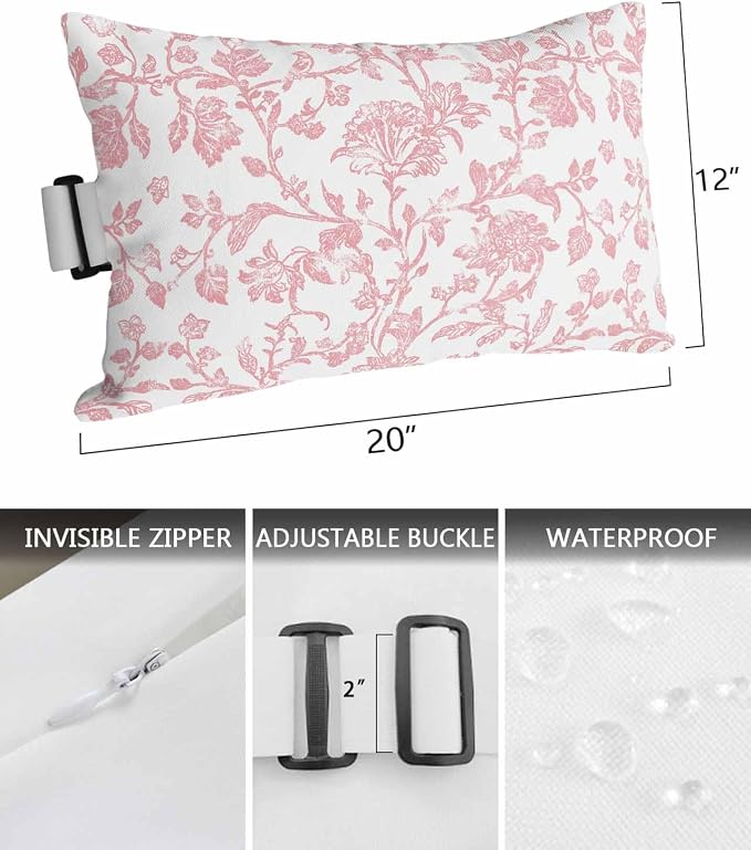 Pack of 4 Outdoor Lumbar Pillow Covers 12x20 Inch, Coral Red Flower Waterproof Throw Pillow Covers Set, Vintage Farmhouse Boho Leaf Spring Indoor&Outdoor Decorative Cushion Cases for Patio Porch Beach