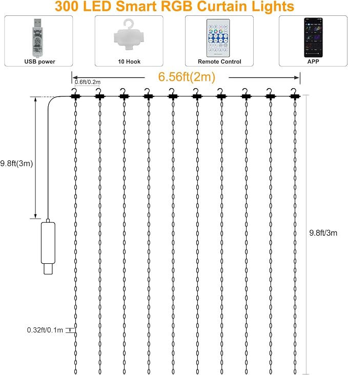 echosari Smart Curtain Lights 6.6 x 9.8Ft 16 Million Colors Changing | 300 LED Fairy Curtain Lights DIY Functions with Remote APP Hanging Light for Patio Bedroom Decor