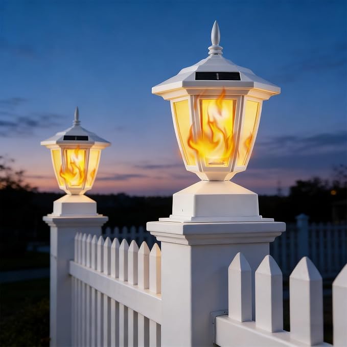 Dynaming 2 Pack Solar Flame Post Lights Outdoor, Solar Powered Lamps Fence Post Cap Lights, Flickering Flame LED Lantern Waterproof for Garden Deck Patio, Fit 4x4, 5x5 or 6x6 Wooden Posts, White Shell