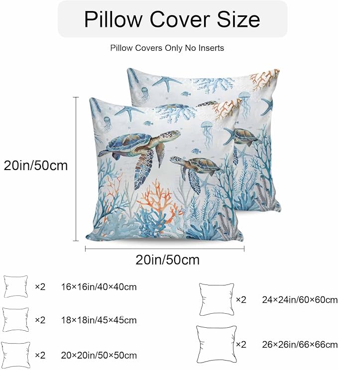 Sea Turtle Outdoor Pillow Covers Pack of 2, Teal Blue Ocean Beach Coastal Waterproof Pillow Covers Underwater Animal Throw Pillowcase for Patio Funiture Garden Tent, 18 x 18 inch